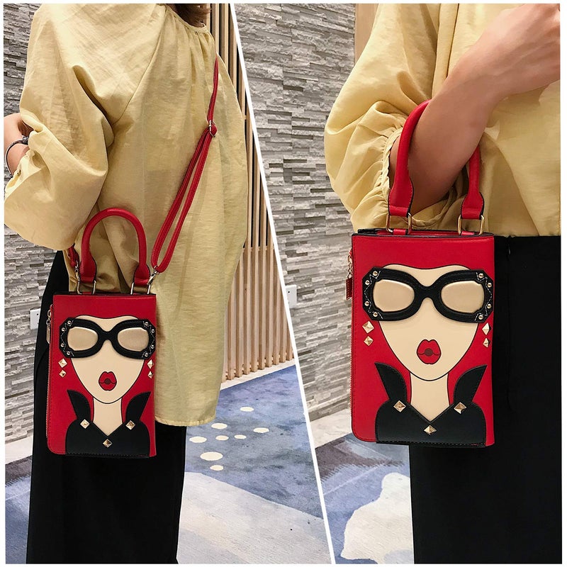 KUANG! Women Novelty Lady Face Shoulder Bags Funky PU Leather Top Handle Satchel Handbags Clutch Purse for Women - Image 5